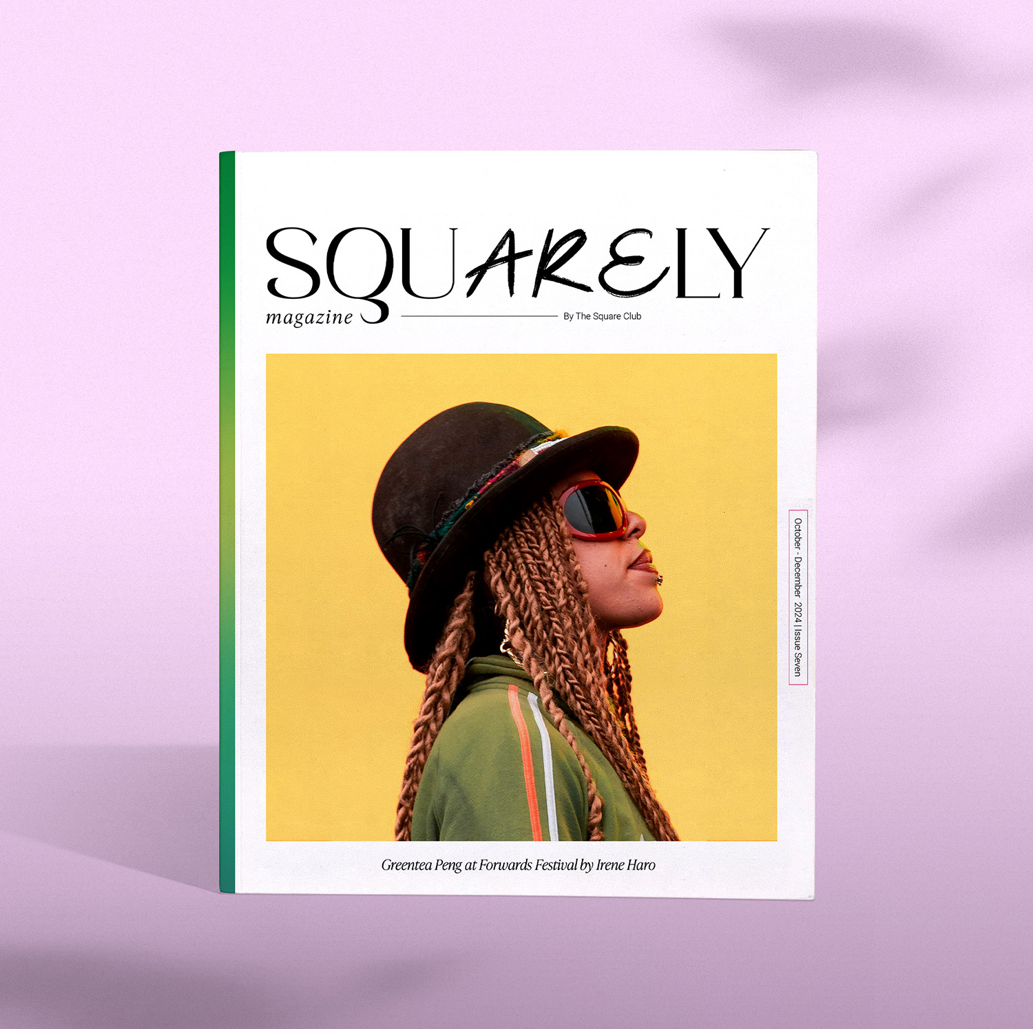 The cover of Squarely Magazine by The Square Club, a private members club, showcases a bold and artistic design image of Greentea Peng taken by Irene Haro, that reflects the club's creative and cultural essence.